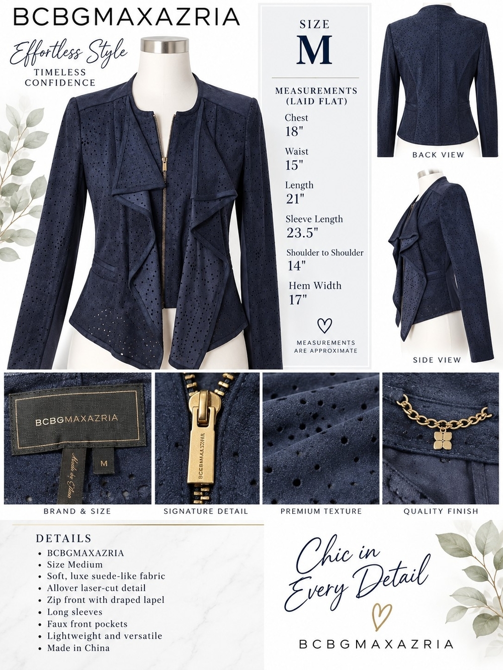 BCBGMAXAZRIA Women's Navy Laser-Cut Suede-Like Jacket - Navy
